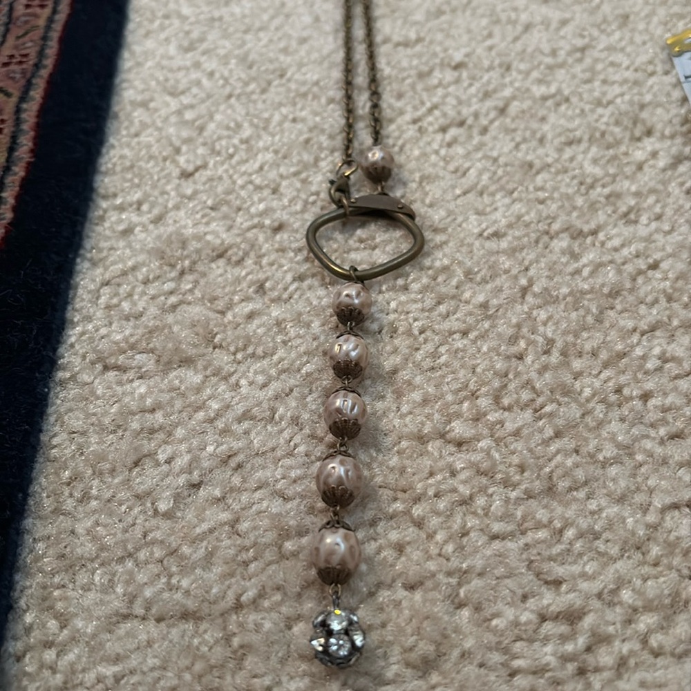 EUC Gold and Brown Y-Shaped Necklace with Central Ring and Dangle Beads
